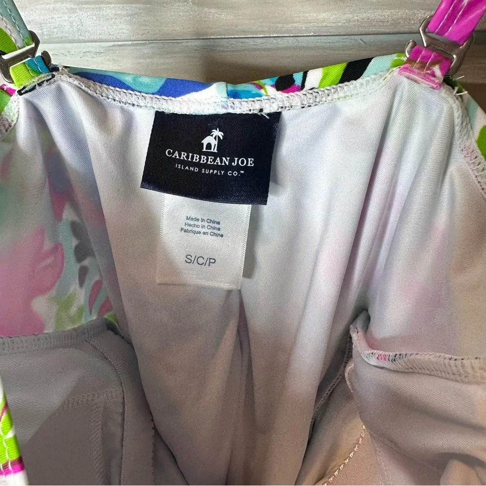 Caribbean Joe tiered bandeau floral 1 piece swimsuit removable straps Small NWT